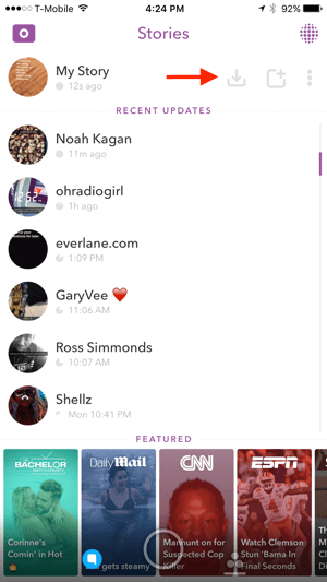 Navigate to your Snapchat Stories section and tap the download icon.