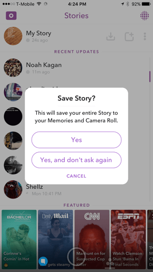 Tippen Sie auf Ja, um Ihre Snapchat-Story zu speichern.