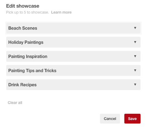 Choose five Pinterest boards to include in your front-page showcase.