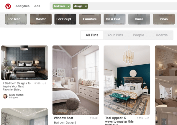 The top appearing pins on Pinterest have both repins and keywords.