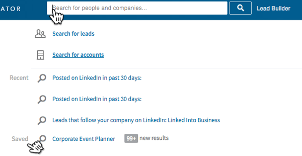 Click in the LinkedIn search box to find your saved searches.