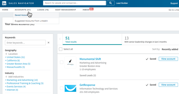Once you set up Sales Navigator, LinkedIn will suggest accounts for you to review and save.