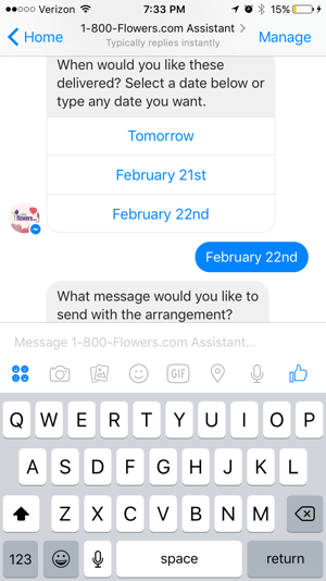 Not only can customers select products, but they can also schedule delivery and enter billing information through the 1-800-Flowers chatbot.