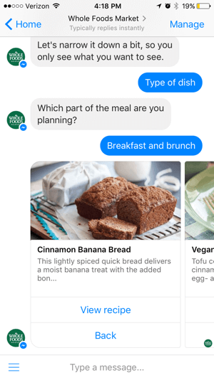 The Whole Foods chatbot offers value through content rather than selling directly to users.