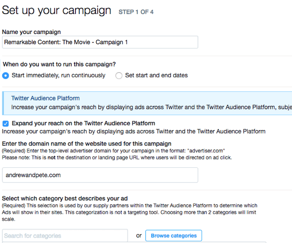 Fill in these fields to start setting up your Twitter ad campaign.