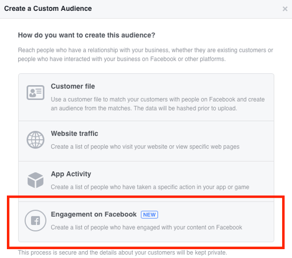 Wählen Sie Engagement auf Facebook als die Art der benutzerdefinierten Zielgruppe aus, die Sie erstellen möchten.
