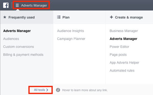 Navigieren Sie zum Menü Facebook Ads Manager und wählen Sie Alle Tools.