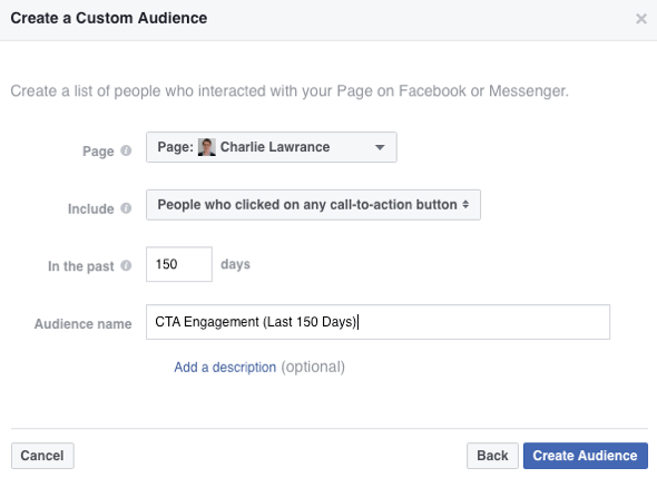 Choose the option to include people who have clicked a call-to-action button on your Facebook page.