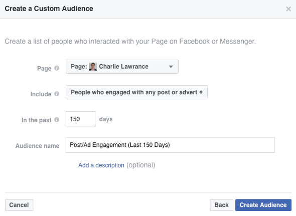 To create your custom audience, select People Who Engaged With Any Post or Ad from the drop-down list.