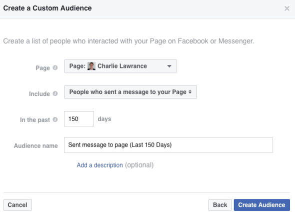 Select the option to create an audience of people who have sent a message to your Facebook page.