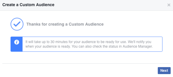 Once you've created your new Facebook custom audience, it can take up to 30 minutes to populate.