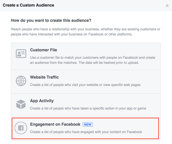 Select Engagement on Facebook to set up your Facebook custom audience.