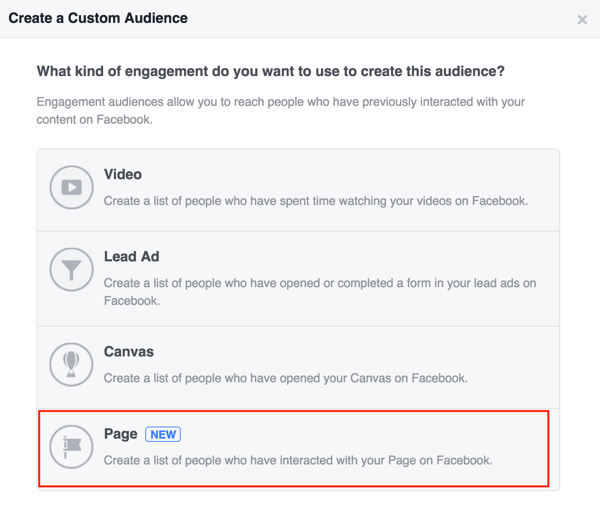 Choose Page to create your Facebook custom audience.