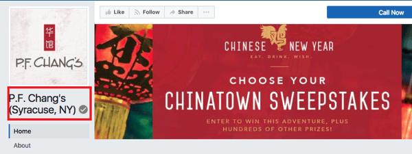 PF Chang's Syracuse, NY location has a gray badge to signify it's a verified Facebook page.