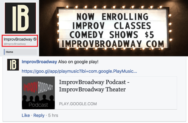 Notice that ImprovBroadway's Facebook page has a gray check mark next to its name at the top; however, it doesn't appear alongside the name in posts or comments.