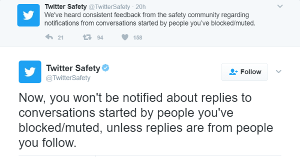 Twitter now removes blocked or muted accounts from user notifications.