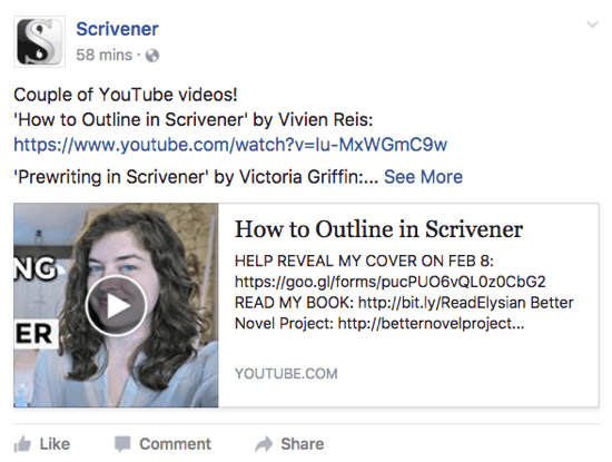 Scrivener shares a YouTube video that users might like on its Facebook page.