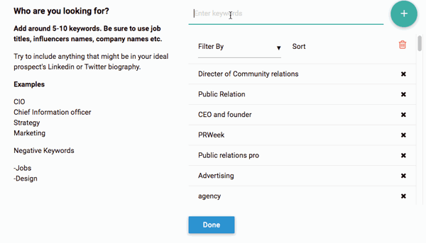 Socedo lets you search for prospects by job title, company name, influencer name, and more.