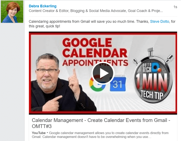 When you share other people's videos on LinkedIn, be sure to @mention them in your update.
