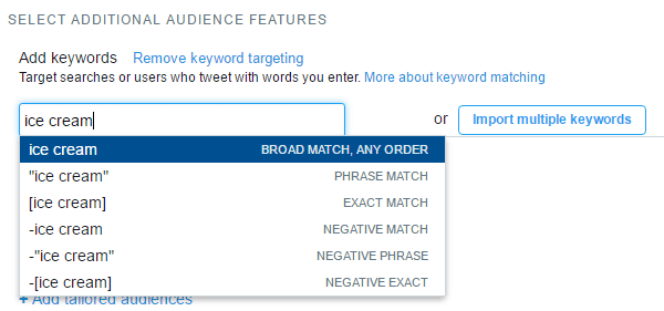 Enter a target keyword and then decide what type of keyword matching to use.