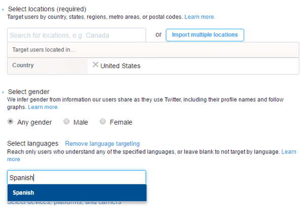 A Twitter ad can target customers who live in a specific country and speak a specific language.