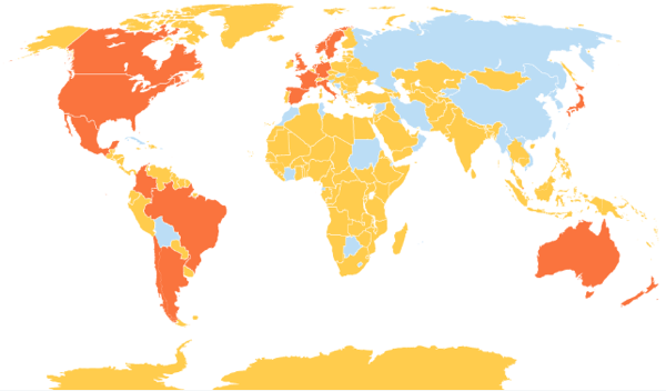 Twitter allows you to target more than 200 markets at the country level (yellow) or a few countries on a more granular scale (orange).