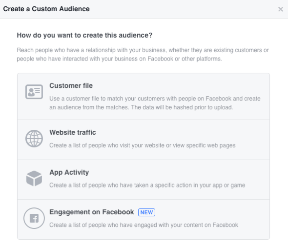 Choose from four Facebook custom audience categories.