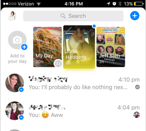 Your day will appear at the top of your Facebook Messenger home page once it's published; the small gray circle shows how many users have viewed it.