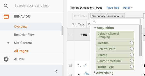 Google Analytics secondary dimension dropdown menu.