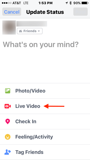 In your Facebook status update, tap Live Video.