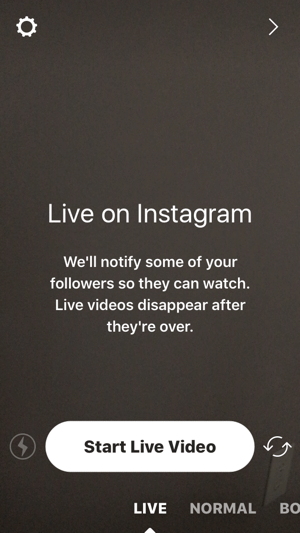 Tap the camera icon and then tap Start Live Video to start your Instagram live stream.