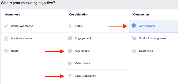 In Power Editor, select one of the highlighted objectives for your Facebook ad campaign.