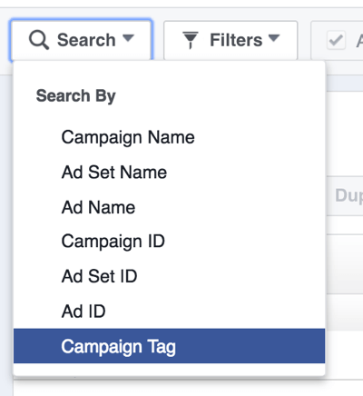 Search for Facebook ad campaigns by tag.