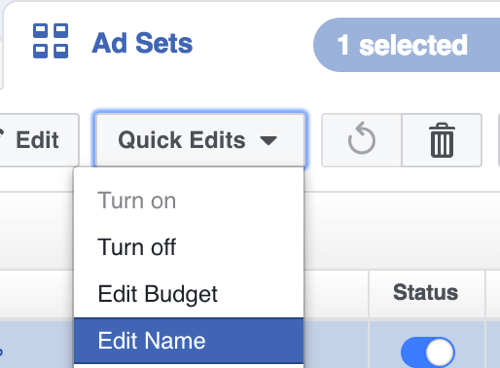 In Facebook Power Editor, select Edit Name from the Quick Edits drop-down menu.