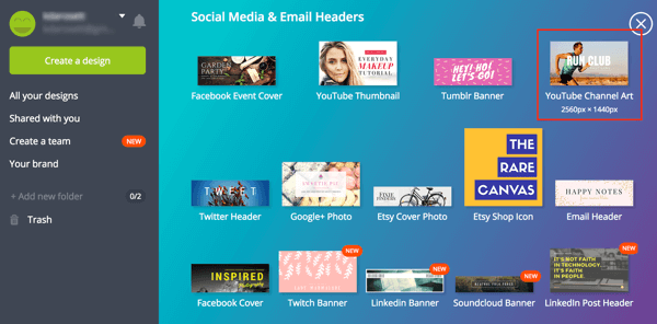 Canva offers a variety of social media templates, including one for YouTube channel art.