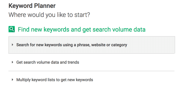 Click the first option to search for new keywords in Keyword Planner.