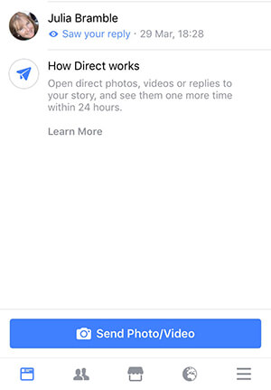 Accessing the Facebook Camera from the Direct inbox.