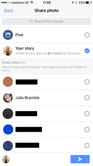 Choosing where to post your Facebook Story content.