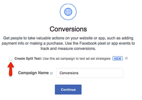 Aktivieren Sie das Kontrollkästchen, um einen Split-Test für Ihre Facebook-Kampagne zu erstellen.