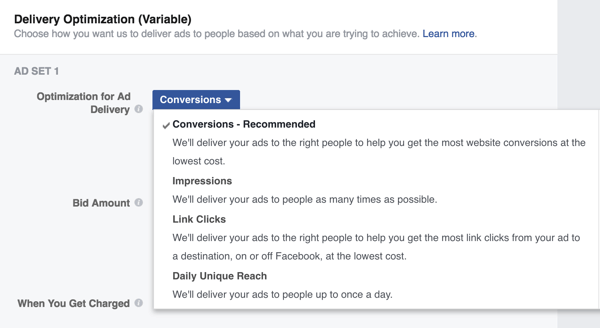 You can choose from a number of Optimization for Ad Delivery options for your delivery optimization split test.