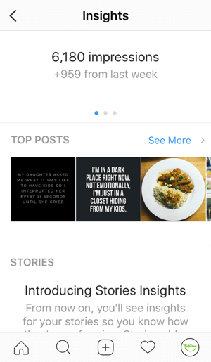 View high-level stats on the first screen of your Instagram insights.