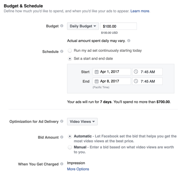 Set the budget and schedule for your Facebook ad.