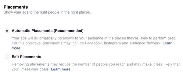 Select placements for your Facebook ad.