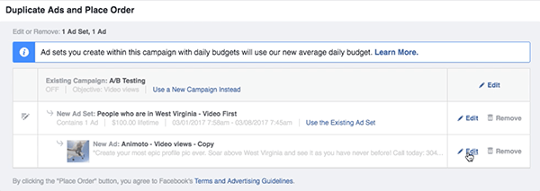 Click the Edit link to the right of your new Facebook ad set.