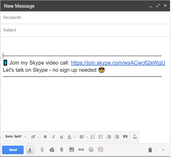 Click the Skype icon at the bottom of your email to add a call link.