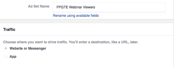 Choose the Website or Messenger option under Traffic.