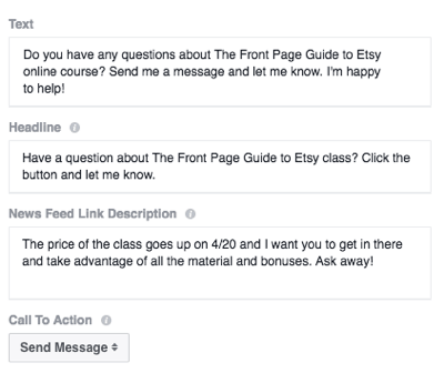 Enter the text, headline, and news feed link description for your Messenger ad.