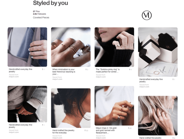 Example of a UGC board on Pinterest curated by Mejuri.