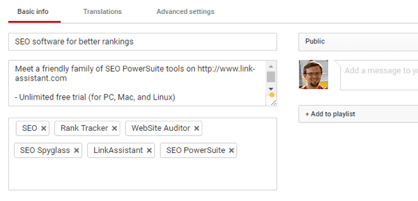 For your YouTube video, optimize your title, description, and tags. Then save your changes when you're done.