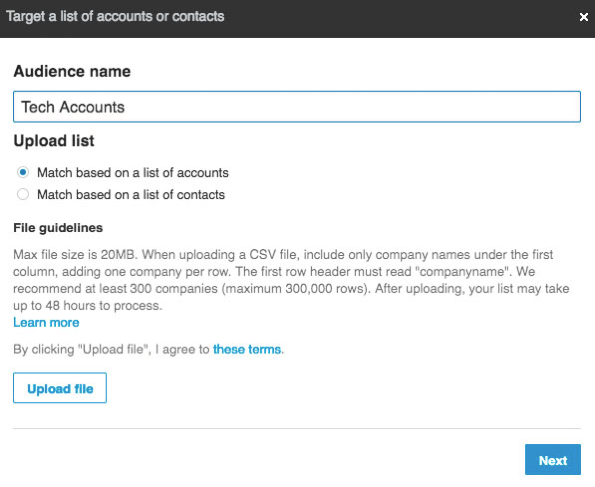 Add a name for your audience and then upload your CSV file of companies.